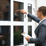 Debt collector knocking on the door of a home.