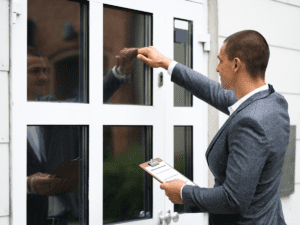 Debt collector knocking on the door of a home.