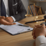 Two people reviewing legal documents with gavel and justice scales on desk