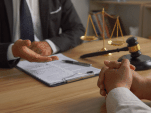 Two people reviewing legal documents with gavel and justice scales on desk